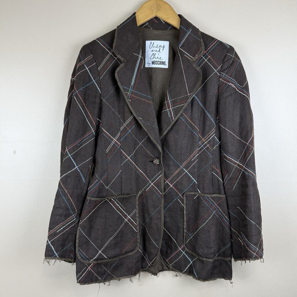 Moschino Cheap and Chic Women’s Blazer Size 6 Linen Stitched Plaid Vintage Boho